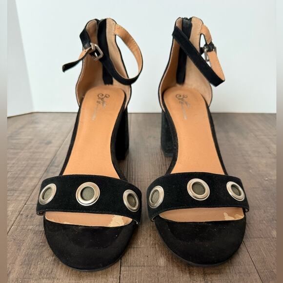 SEYCHELLES BLACK SUEDE SANDAL BLOCK HEEL ANKLE STRAP SILVER ACCENT SIZE 9 - Picture 4 of 8